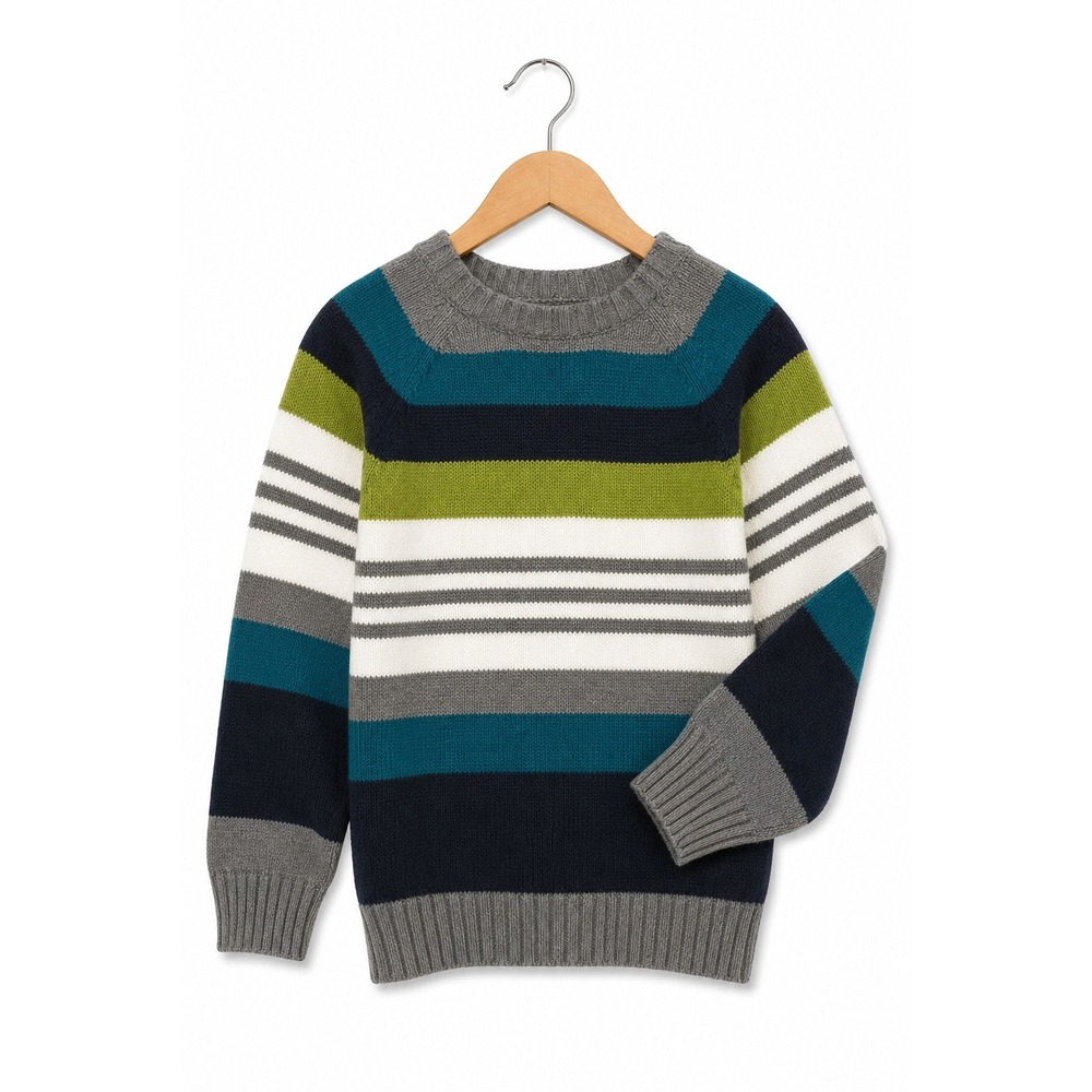 Gymboree Boys Striped Pullover Crewneck Sweater Blue Green Grey M 7-8 Snow Days